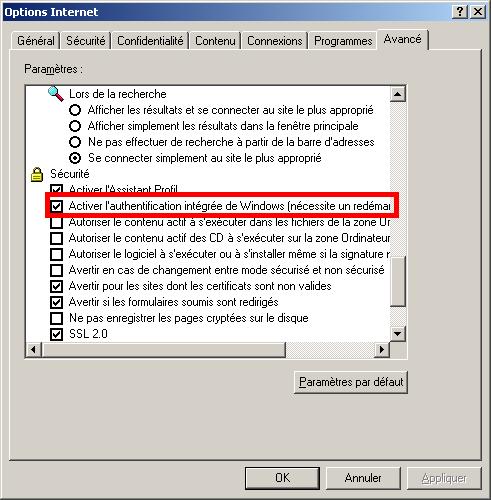 Paramètre d'authentification intégrée dans IE